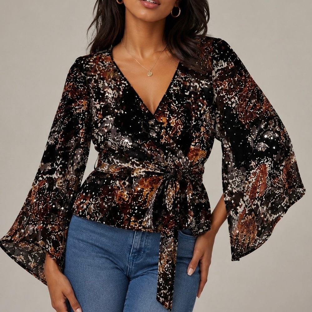 Dressbarn Brown Black‎ Abstract Sequin Bell Sleeve Wrap Top XL Tie Waist Artsy